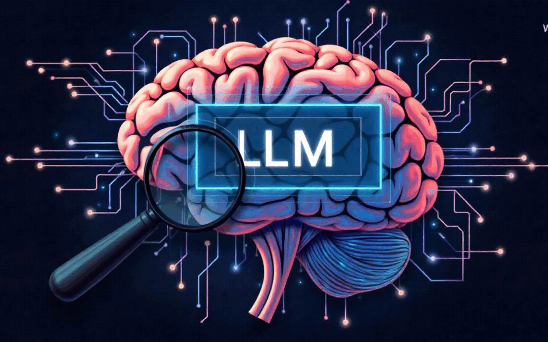 A brain with the letters LLM in a blue rectangle, with some cables coming out of it, on a dark blue background with circuit lines. a magnifying glass is on over the brain on the side