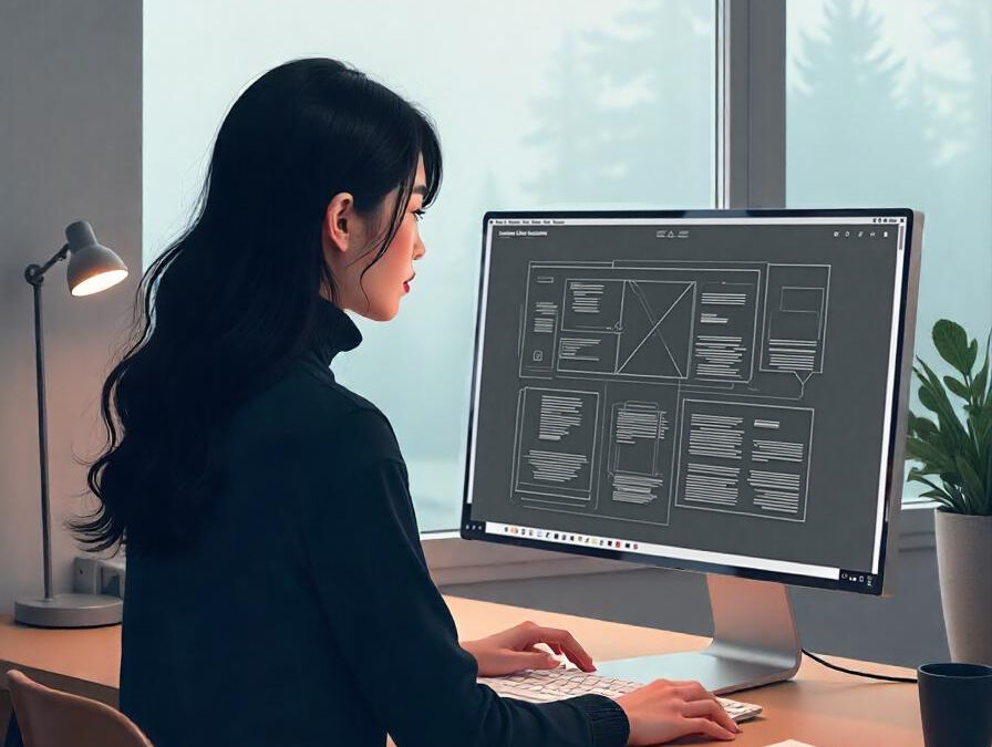 A woman redesigning a website on a computer in a minimalist, workspace with a cityscape view.