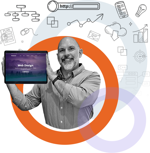 Gerald holding a tablet with the phrase "Web Design"