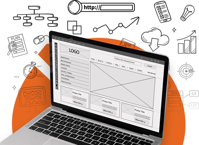 Wireframe layout displayed on a laptop screen representing the planning stage of professional website design.