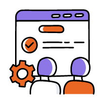 Two people in front of a website page with a gear beside them representing website development