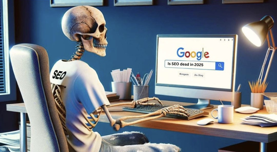A skeleton wearing a tshirt that says SEO on the back. The skeleton is working at a computer with a Google search bar that says "Is SEO dead in 2025"
