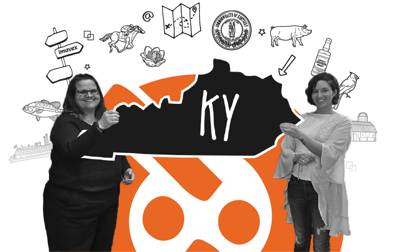 Elizabeth Howard and Amy Campbell holding the state Kentucky with digital icons in the background